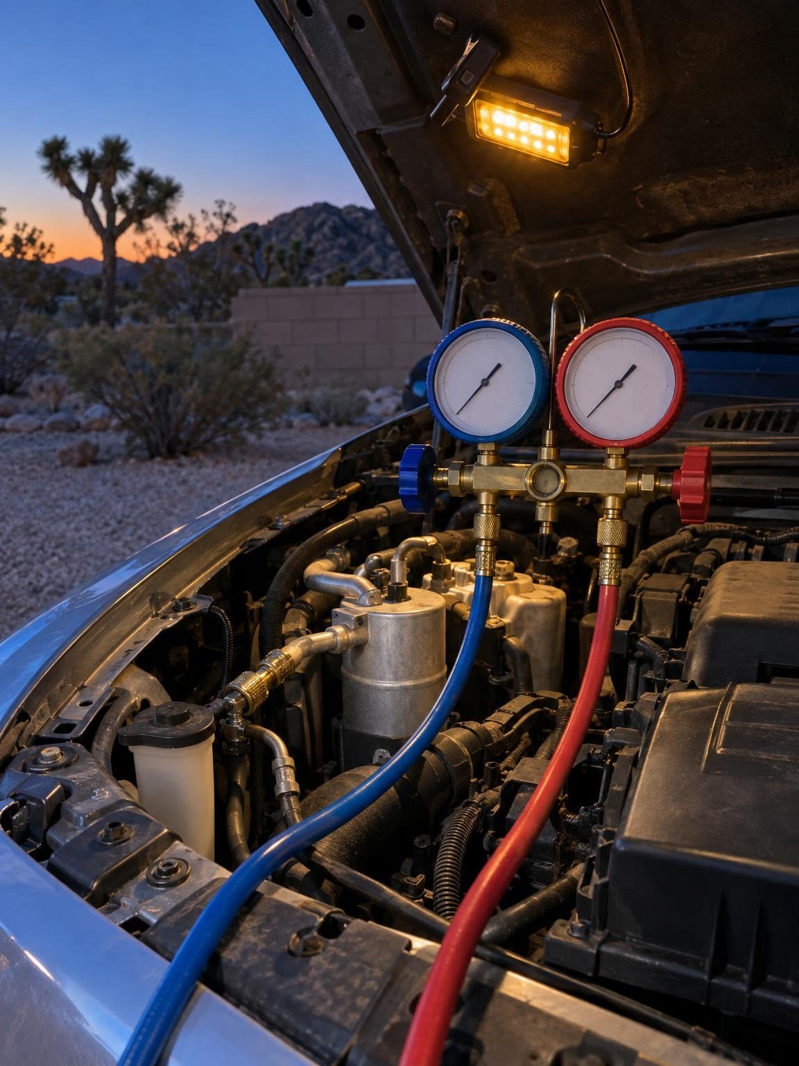 A/C gauges hooked to the service ports of an open engine bay