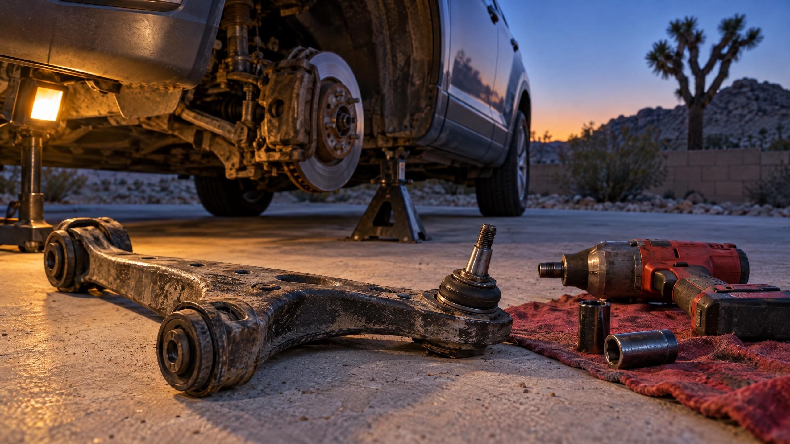 A removed control arm and an impact wrench on the concrete beside a raised SUV