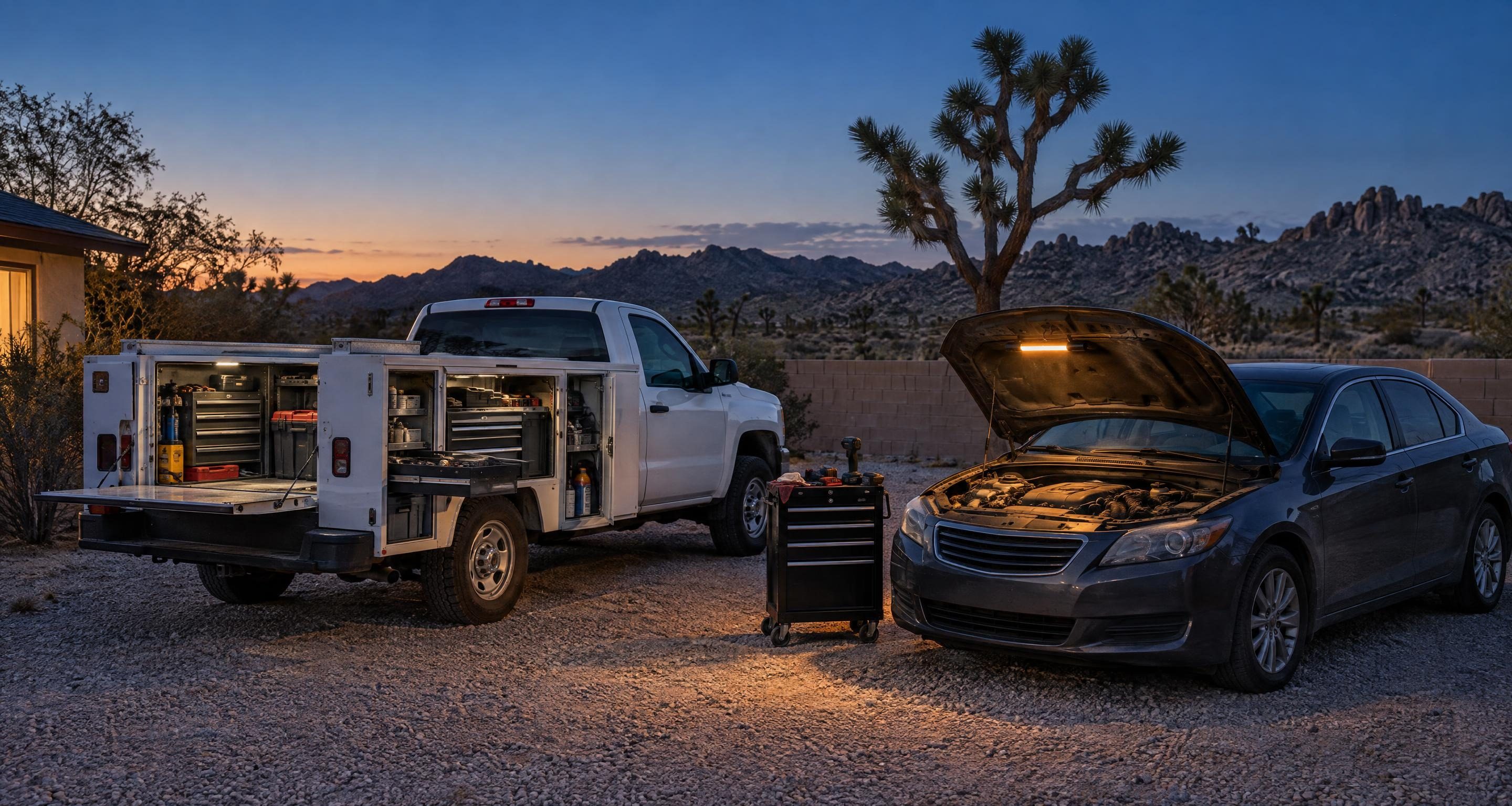 A service truck with its tool drawers open beside a sedan with the hood up and a work light on the engine, in a gravel driveway at dusk