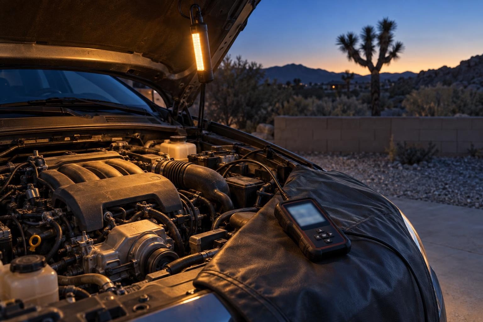 A diagnostic scan tool resting on a fender cover over an open V6 engine bay