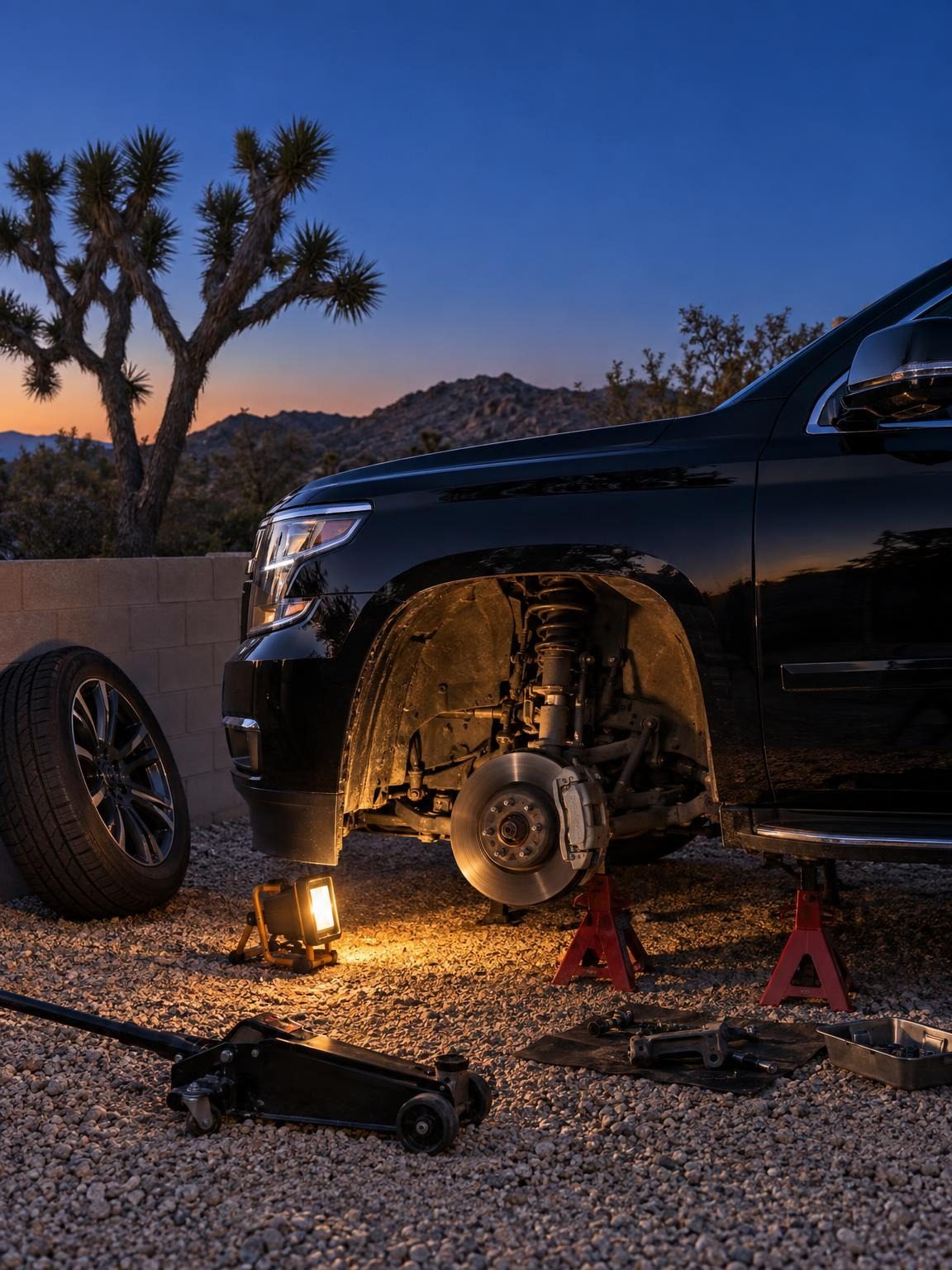 A black SUV up on jack stands in a driveway, front wheel off, under a work light