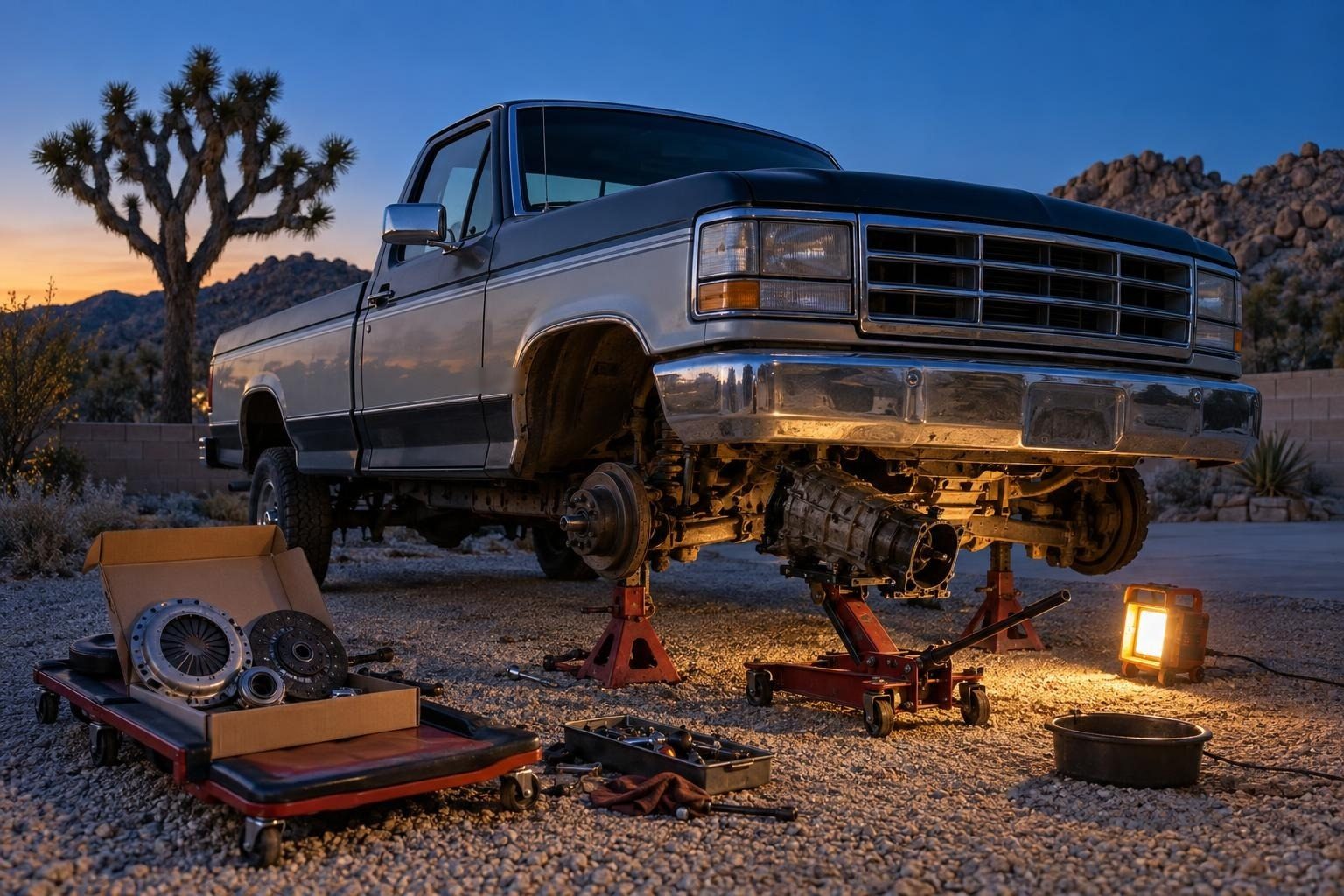 A pickup on jack stands with its transmission lowered on a jack and a new clutch kit beside it